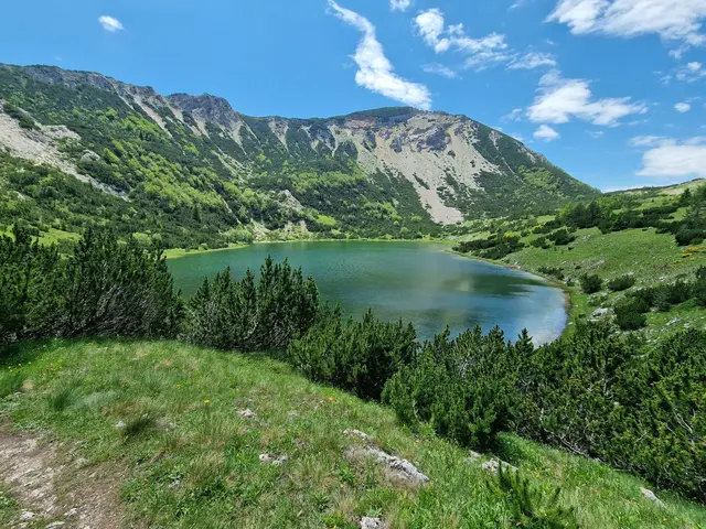 Horské jezero s horami a zelenou krajinou