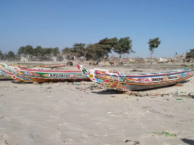 Traditionelle bunte Fischerboote am Strand im Senegal.